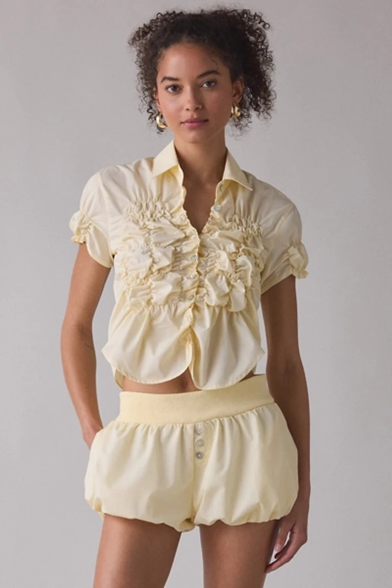 Zemeta Honey Ruched Short Sleeve Button-Up Shirt
