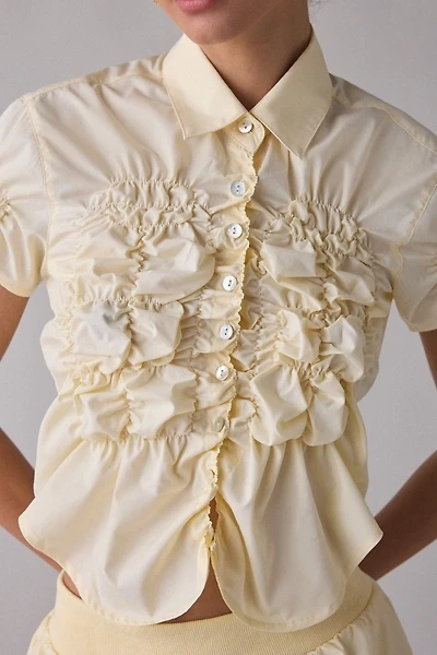 Zemeta Honey Ruched Short Sleeve Button-Up Shirt