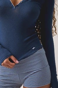 Out From Under Regina Ribbed Picot Trim Long Sleeve Henley Top