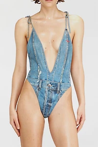Diesel Kinsley-Dmn Trompe L'oeil Denim Plunging One-Piece Swimsuit