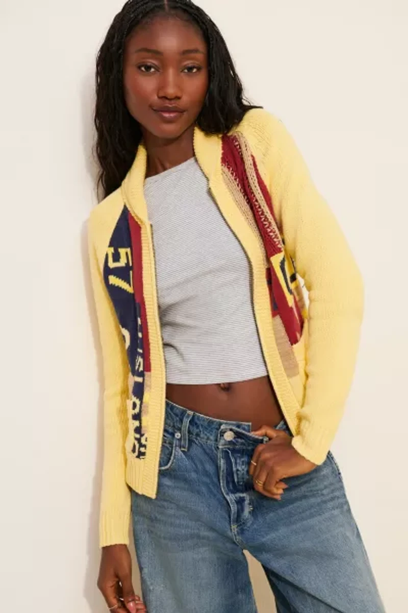 BDG Scottie Varsity Graphic Knit Zip-Up Collared Cardigan