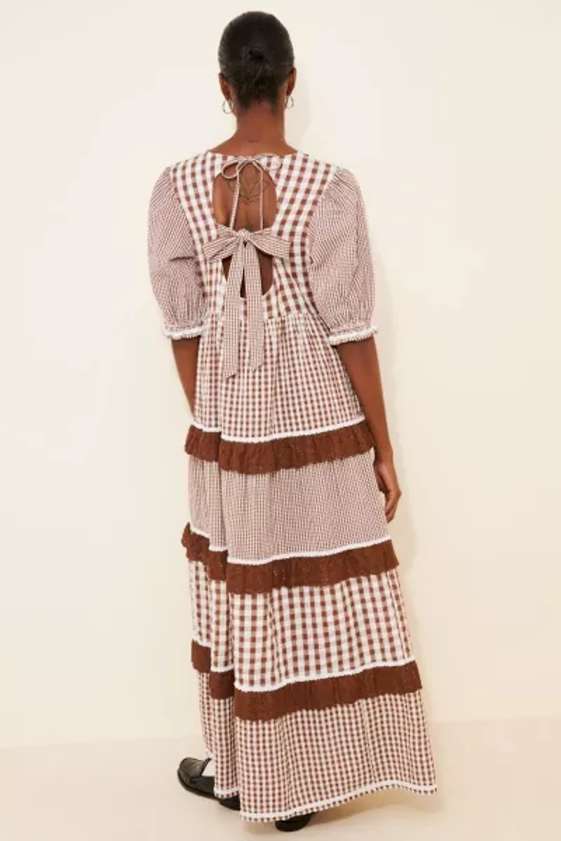 Neon Rose Gingham Tiered Puff Sleeve Maxi Dress