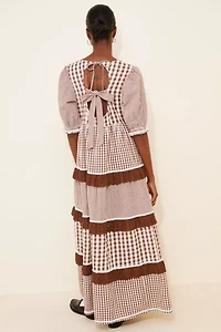 Neon Rose Gingham Tiered Puff Sleeve Maxi Dress