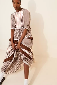Neon Rose Gingham Tiered Puff Sleeve Maxi Dress