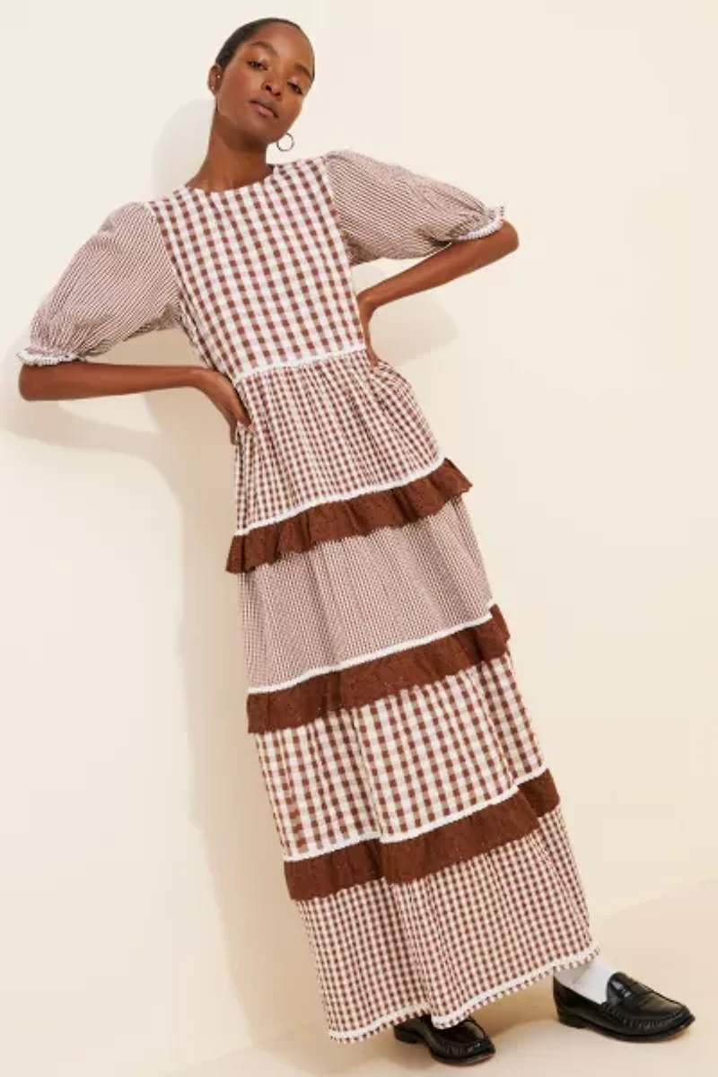 Neon Rose Gingham Tiered Puff Sleeve Maxi Dress
