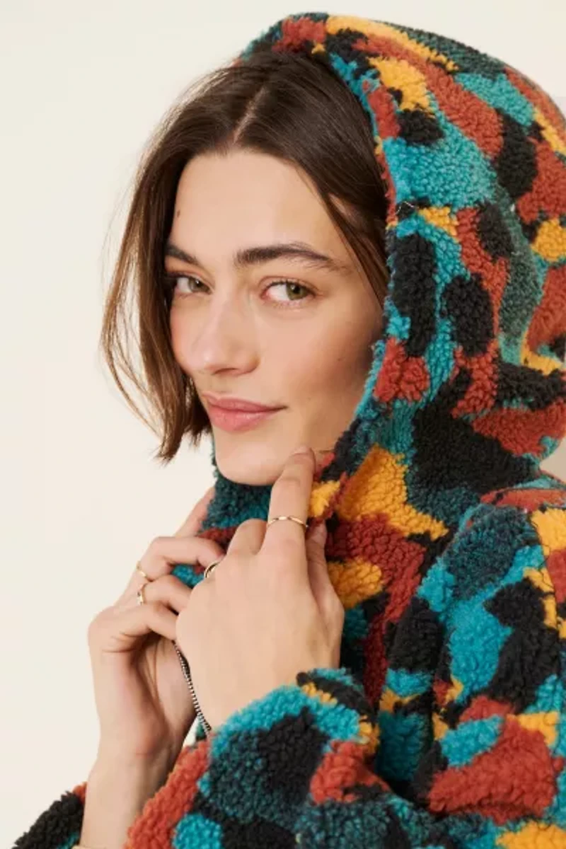 Daisy Street Printed Borg Pull On Over Fleece Jacket