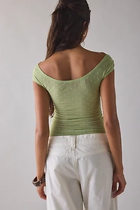 UO Fia Polka Dot Mesh Off-The-Shoulder Crop Top