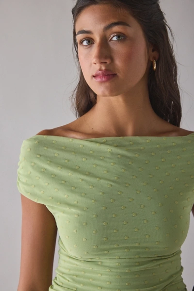 UO Fia Polka Dot Mesh Off-The-Shoulder Crop Top