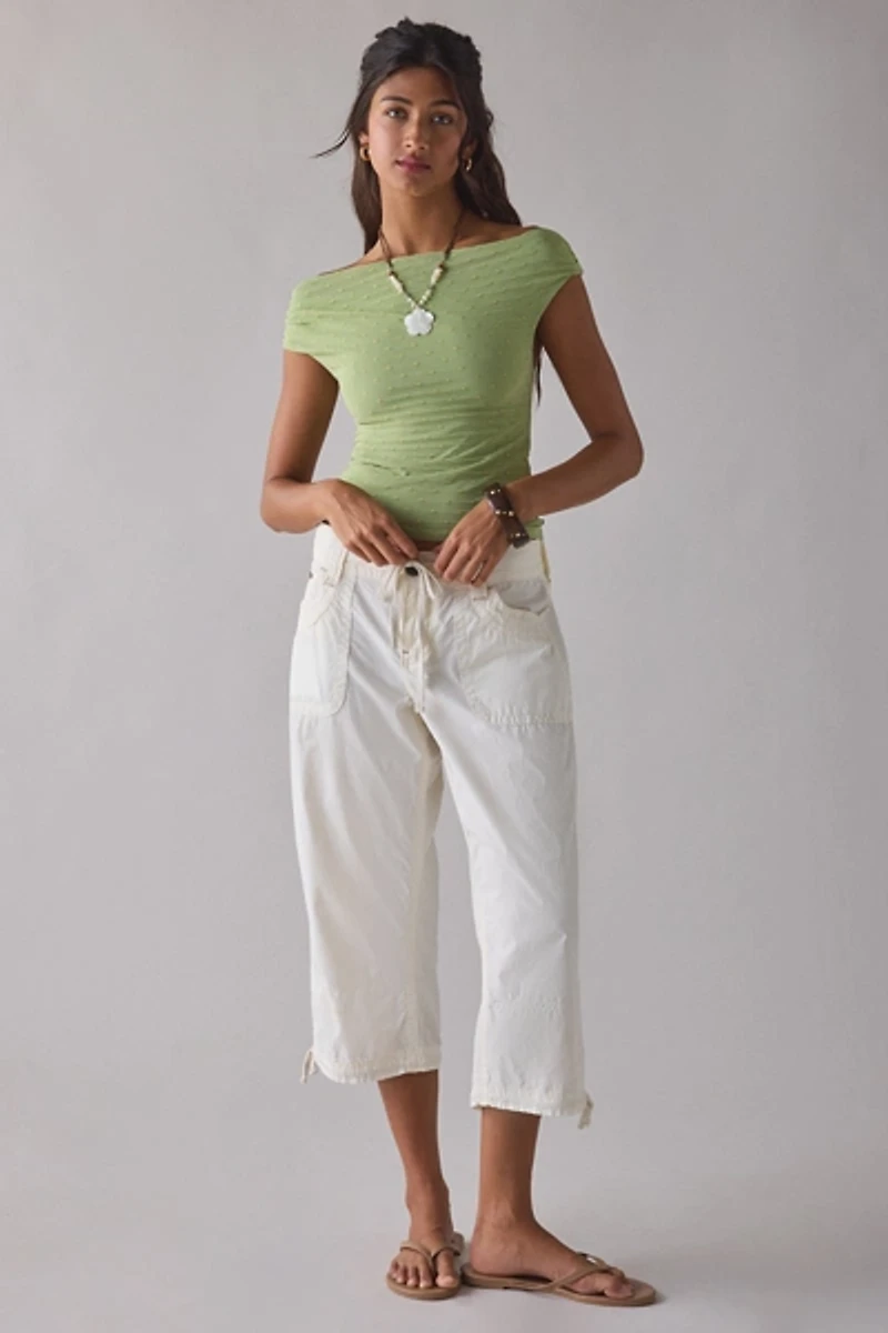 UO Fia Polka Dot Mesh Off-The-Shoulder Crop Top