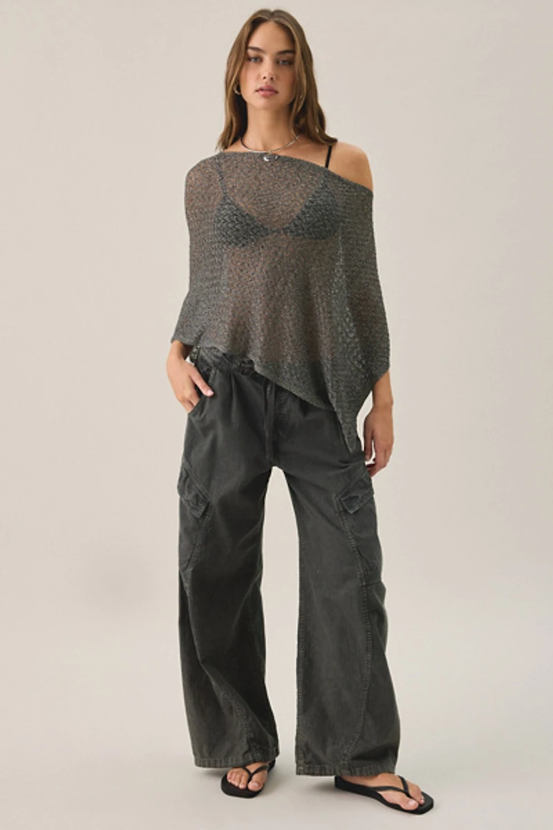UO Patti Pointelle Asymmetric Off-Shoulder Poncho Sweater