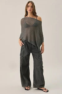 UO Patti Pointelle Asymmetric Off-Shoulder Poncho Sweater