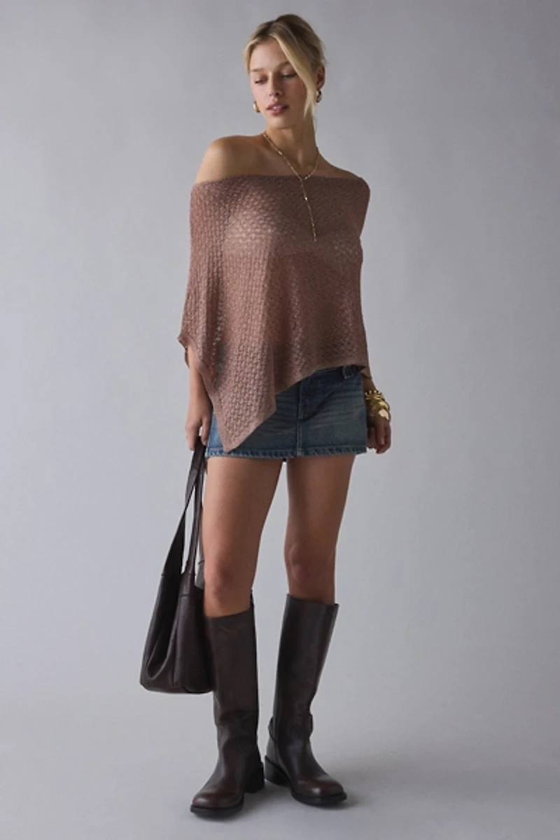 UO Patti Pointelle Asymmetric Off-Shoulder Poncho Sweater