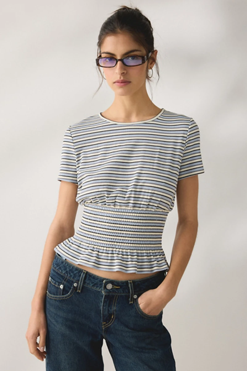 Daisy Street Sea Striped Short Sleeve Peplum Top