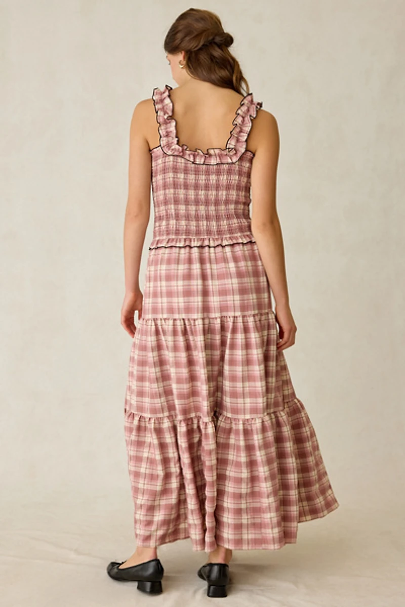 Daisy Street Ivy Blushed Check Smocked Maxi Dress