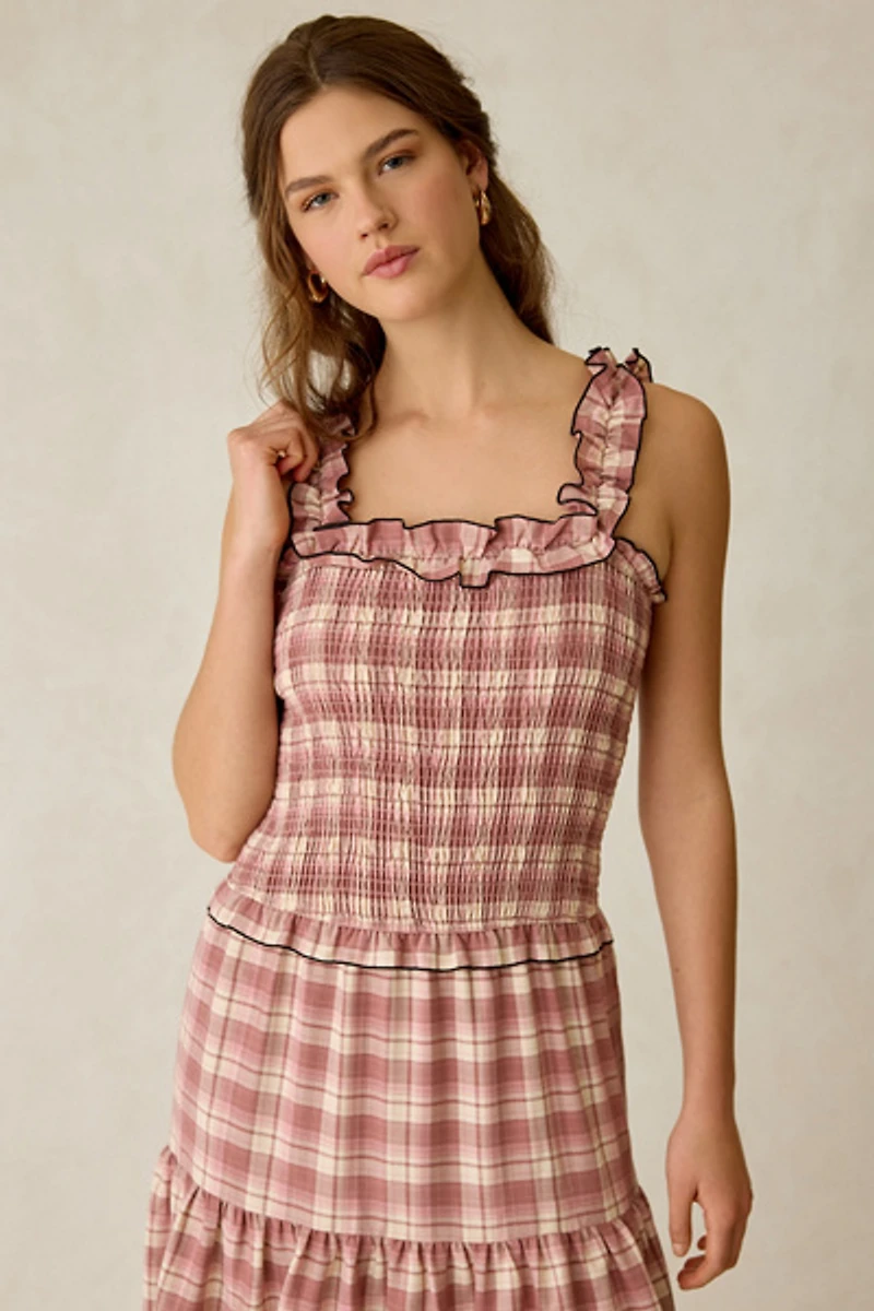 Daisy Street Ivy Blushed Check Smocked Maxi Dress