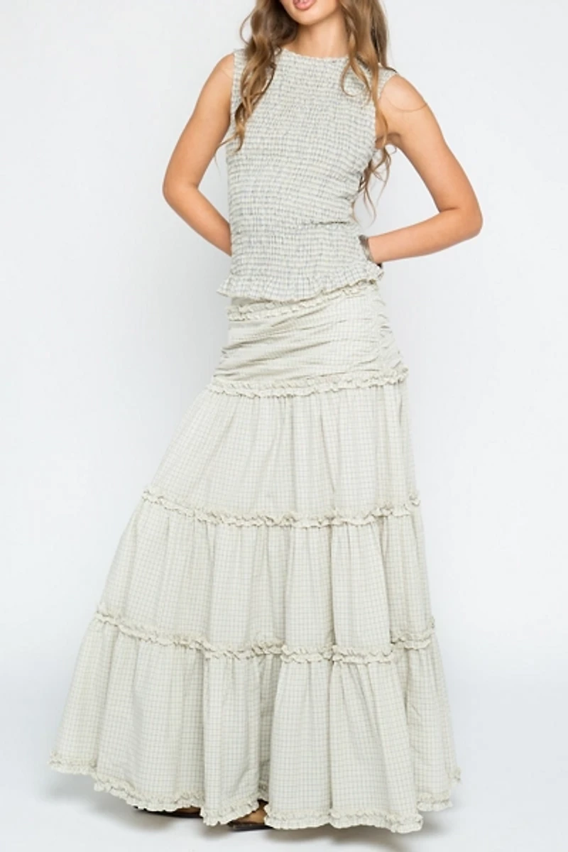 Daisy Street Dew Check Tiered Maxi Skirt