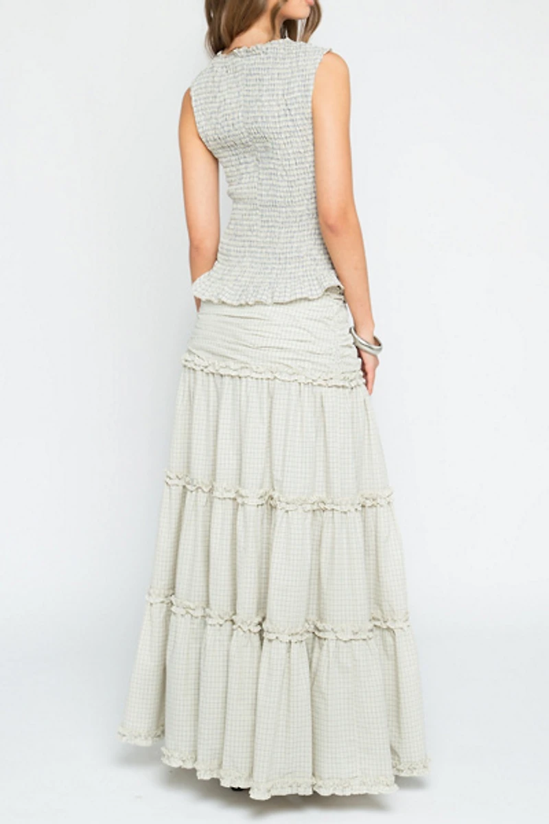 Daisy Street Dew Check Tiered Maxi Skirt