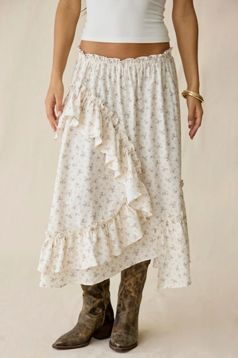 Daisy Street Darling Ditsy Floral Asymmetric Tiered Midi Skirt