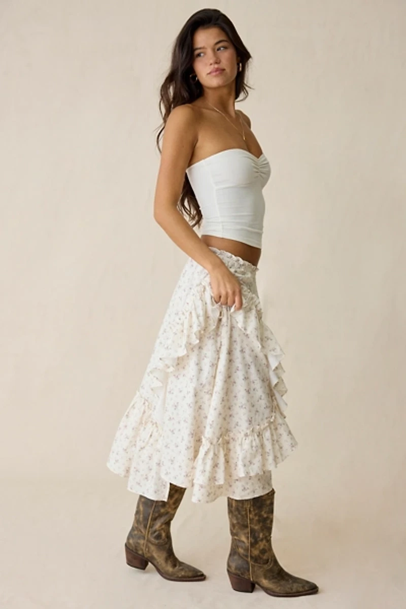 Daisy Street Darling Ditsy Floral Asymmetric Tiered Midi Skirt