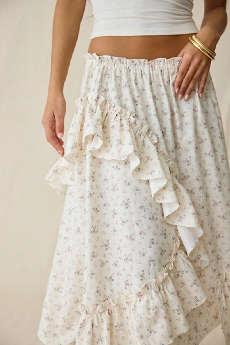 Daisy Street Darling Ditsy Floral Asymmetric Tiered Midi Skirt