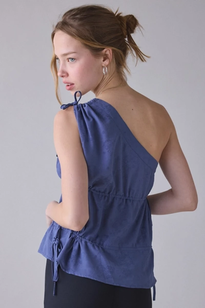 Daisy Street Ocean Ruched Tie Asymmetric One-Shoulder Top