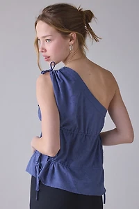 Daisy Street Ocean Ruched Tie Asymmetric One-Shoulder Top