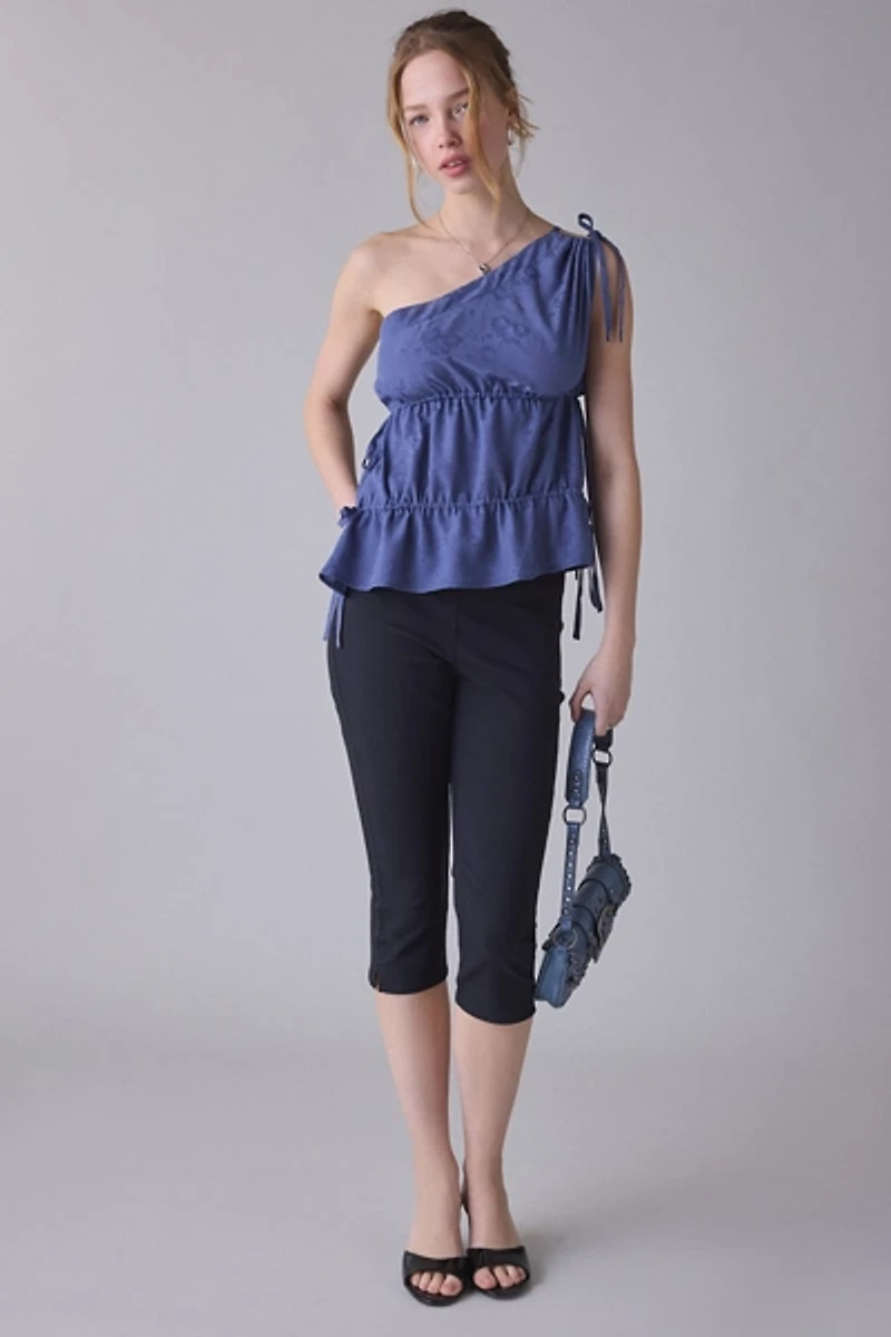 Daisy Street Ocean Ruched Tie Asymmetric One-Shoulder Top
