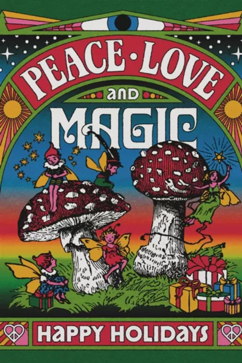 Red Cap Peace Love Magic Holiday Greeting Card