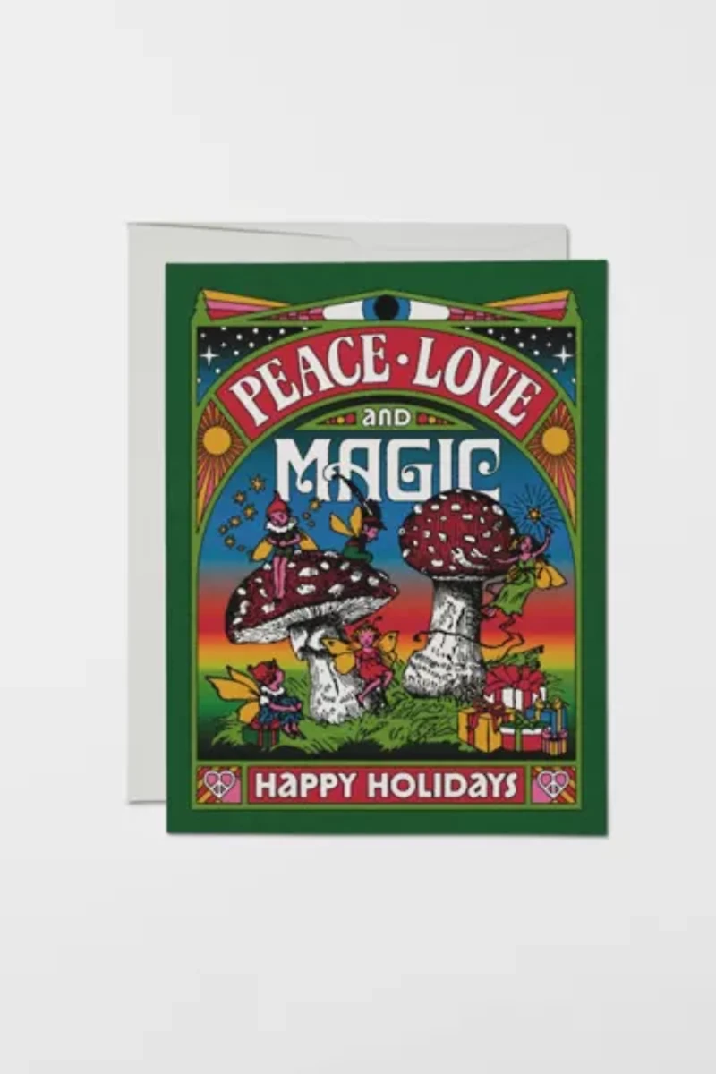 Red Cap Peace Love Magic Holiday Greeting Card