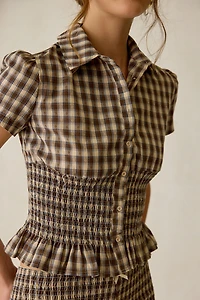 Daisy Street Honey Smocked Short Sleeve Button-Down Top