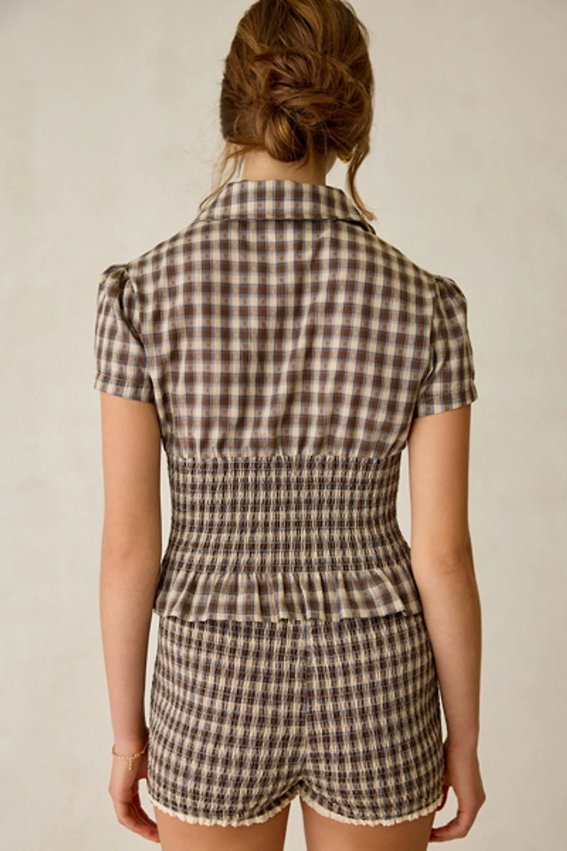 Daisy Street Honey Smocked Short Sleeve Button-Down Top