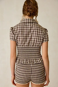Daisy Street Honey Smocked Short Sleeve Button-Down Top