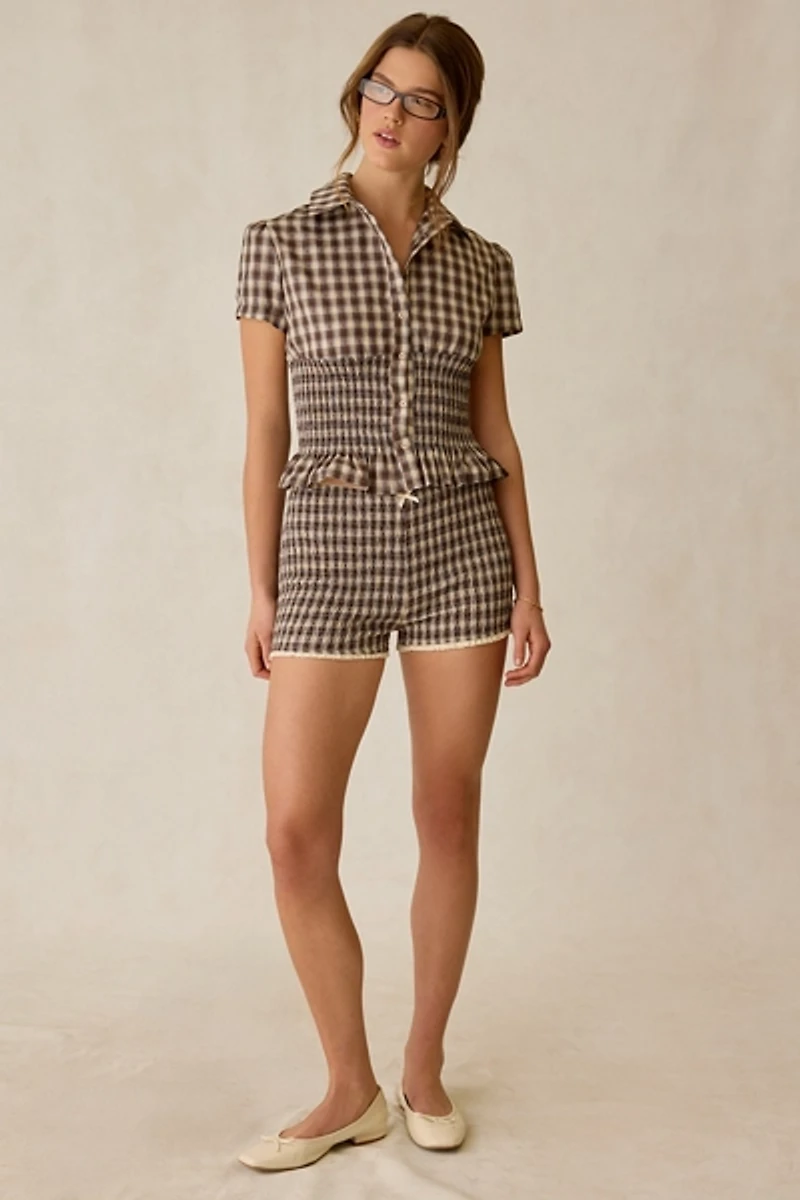 Daisy Street Honey Smocked Short Sleeve Button-Down Top