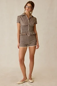 Daisy Street Honey Smocked Short Sleeve Button-Down Top