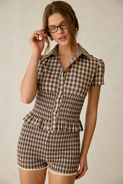 Daisy Street Honey Smocked Short Sleeve Button-Down Top