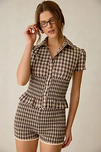Daisy Street Honey Smocked Short Sleeve Button-Down Top