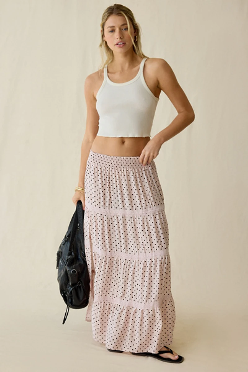 Daisy Street On The Dot Tiered Lace Trim Maxi Skirt