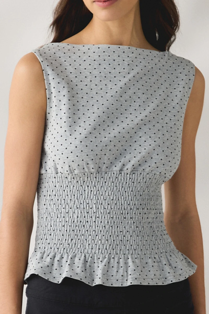 Daisy Street Bonbon Polka Dot Boatneck Smocked Top