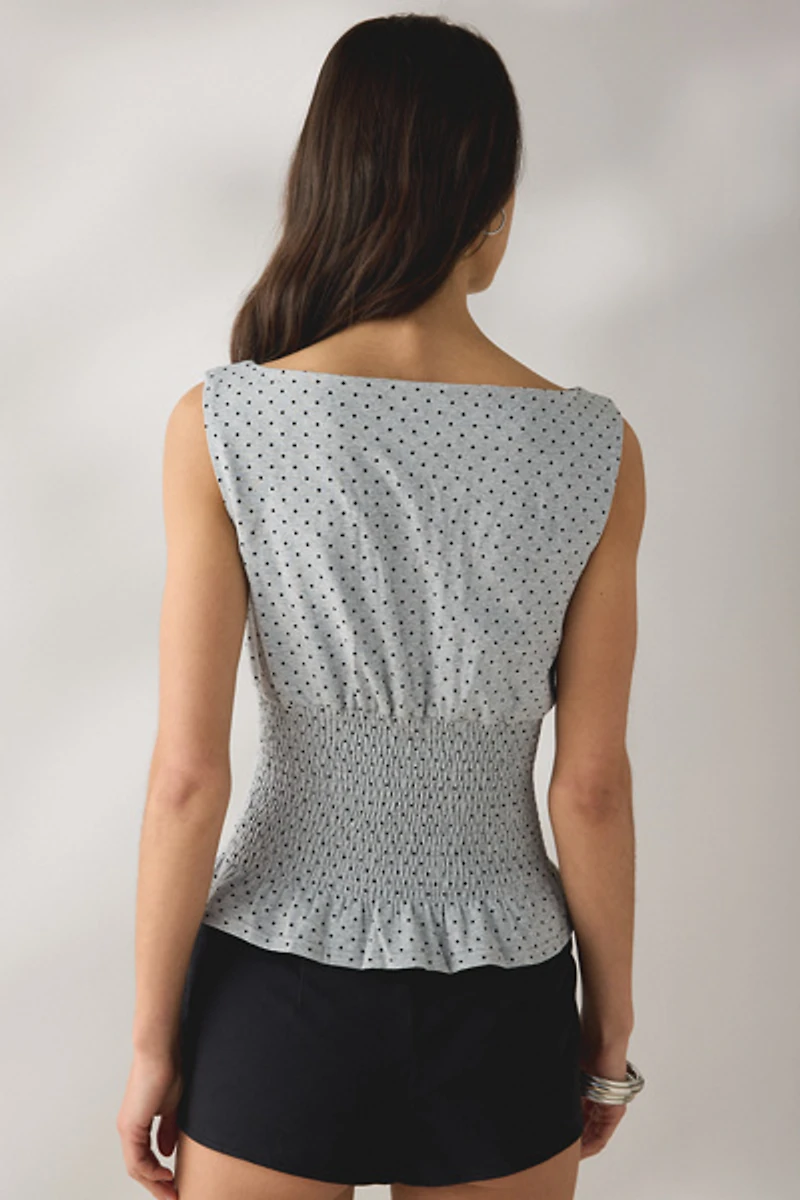 Daisy Street Bonbon Polka Dot Boatneck Smocked Top