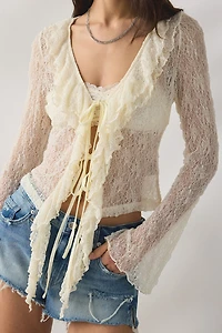 Daisy Street Sheer Radiance Lace Tie-Front Flyaway Top