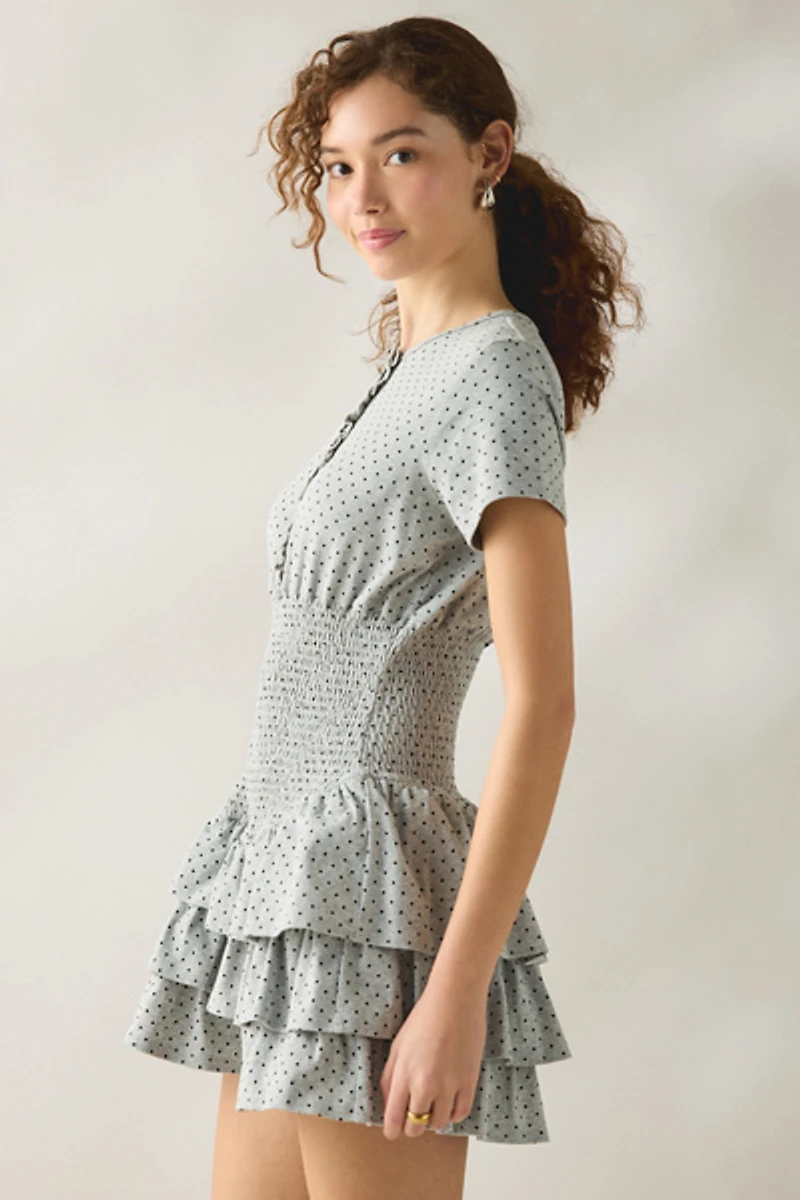 Daisy Street Polka Dot Smocked Drop Waist Ruffle Romper