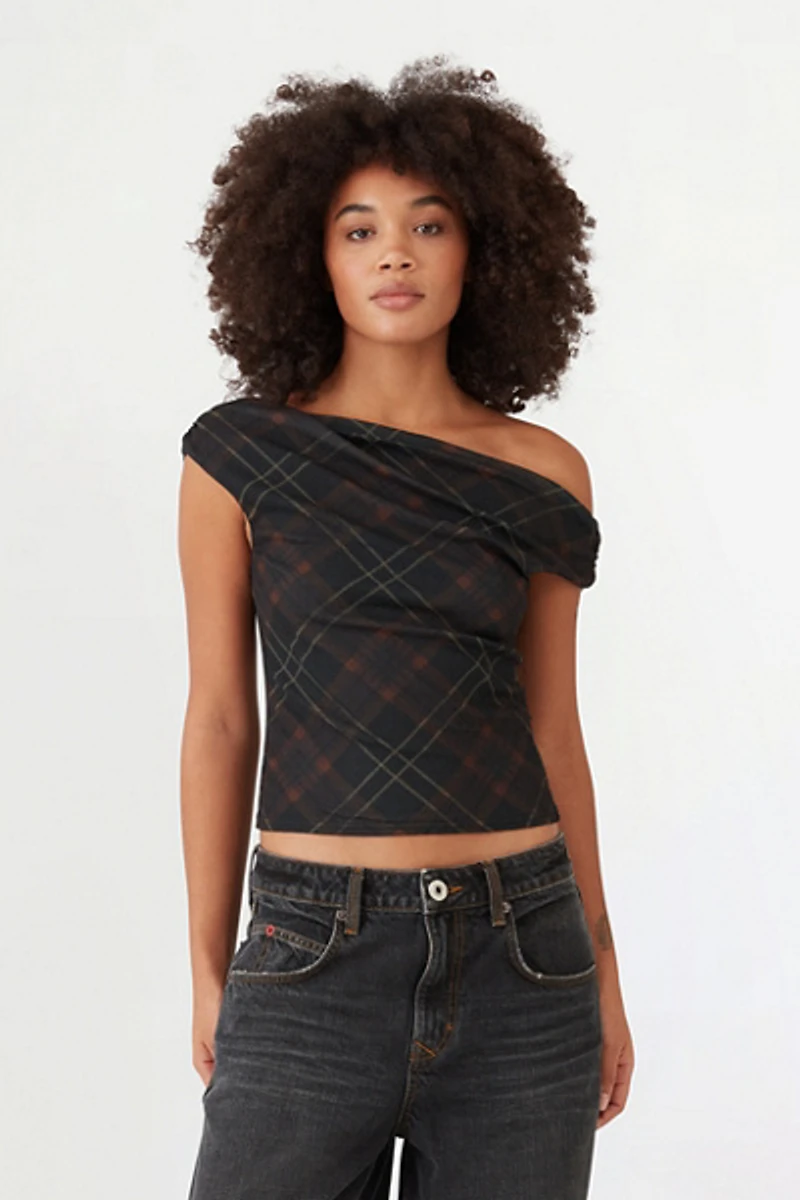 BDG Fia Plaid Off-The-Shoulder Crop Top