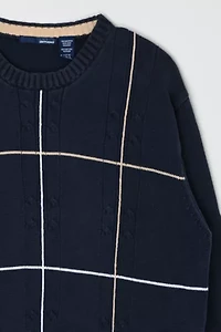 Vintage Y2k Navy Cable Knit Grid-Striped Sweater