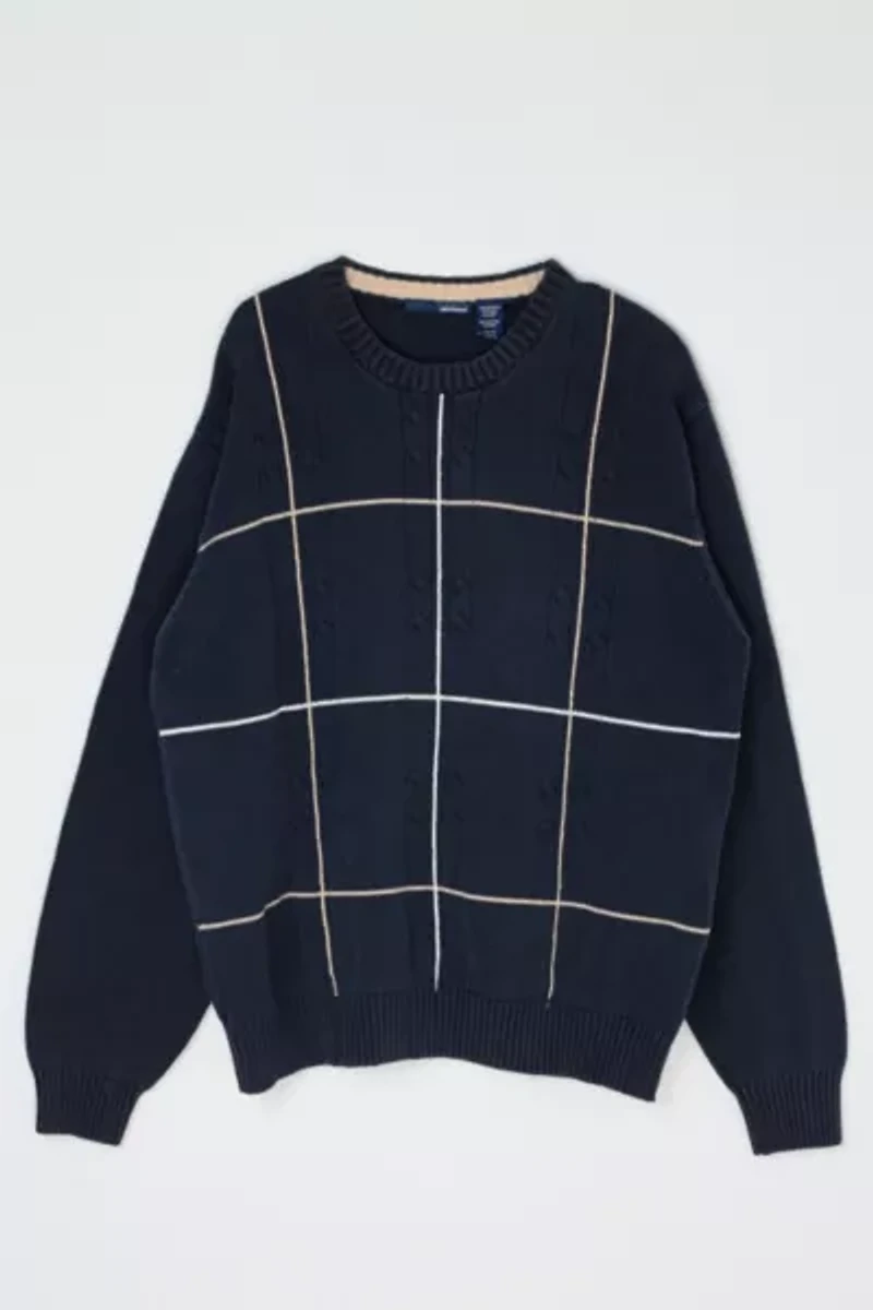 Vintage Y2k Navy Cable Knit Grid-Striped Sweater