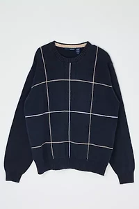 Vintage Y2k Navy Cable Knit Grid-Striped Sweater