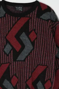Vintage 90s Dark Red & Black Geometrical Patterned Sweater