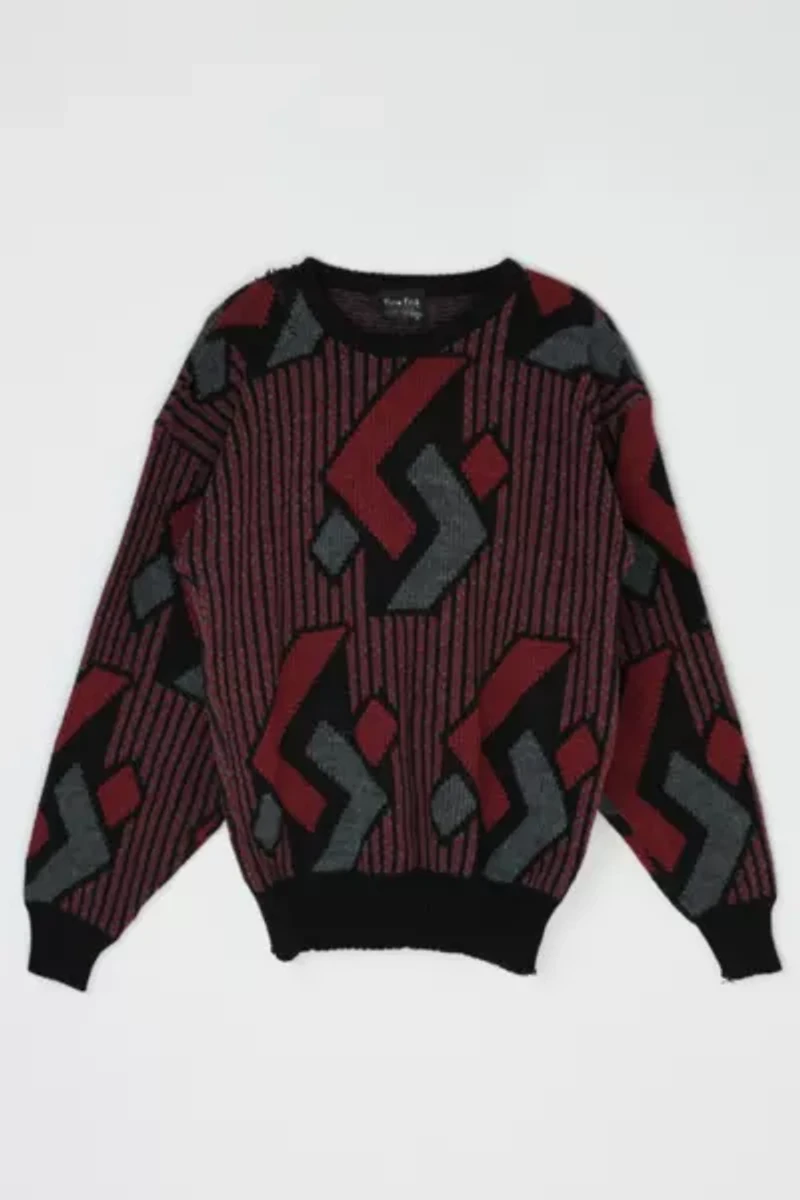 Vintage 90s Dark Red & Black Geometrical Patterned Sweater