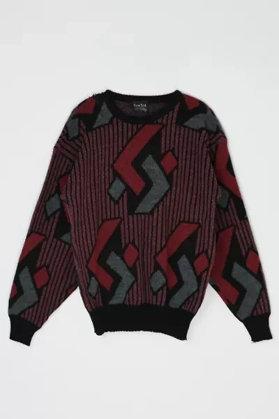 Vintage 90s Dark Red & Black Geometrical Patterned Sweater
