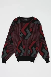 Vintage 90s Dark Red & Black Geometrical Patterned Sweater