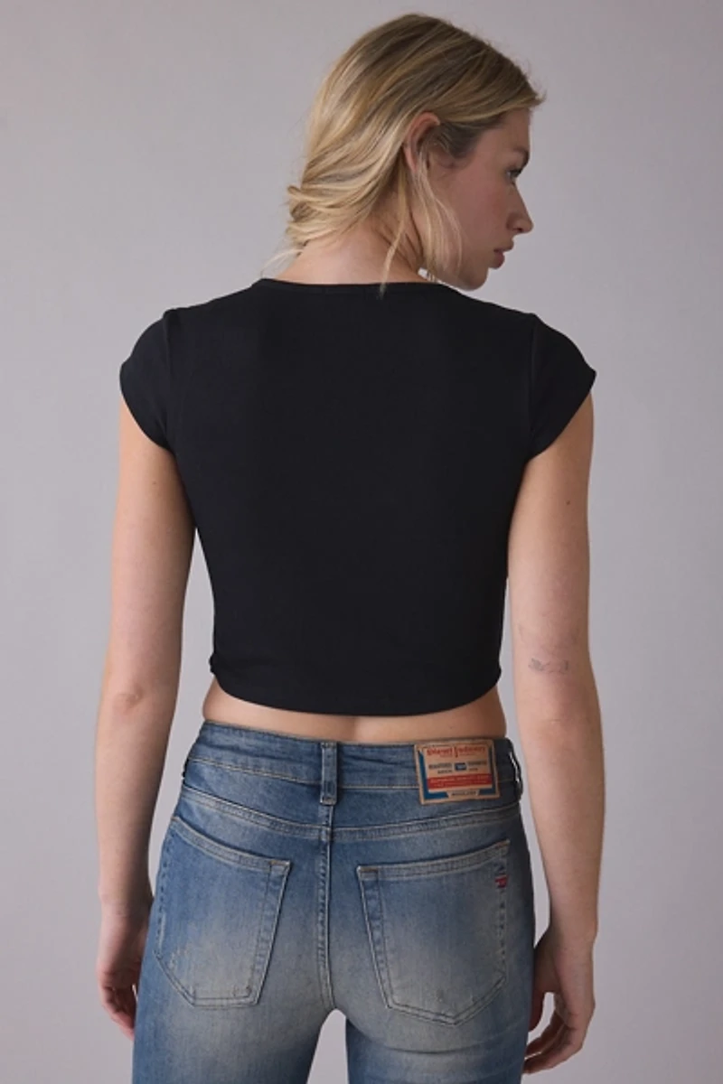 True Religion Graphic Lace-Up Cap Sleeve Rib Baby Tee